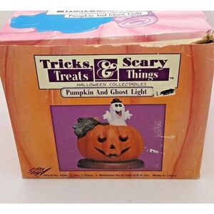 Vintage Halloween Ceramic Lamp Pumpkin and Ghost Plug-In Light - NOS 1993